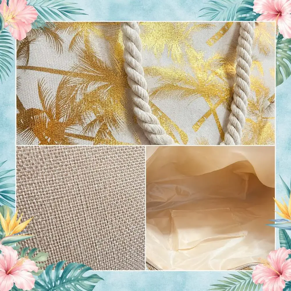 Gold Metallic Palm Tree Print Beach Tote Bag